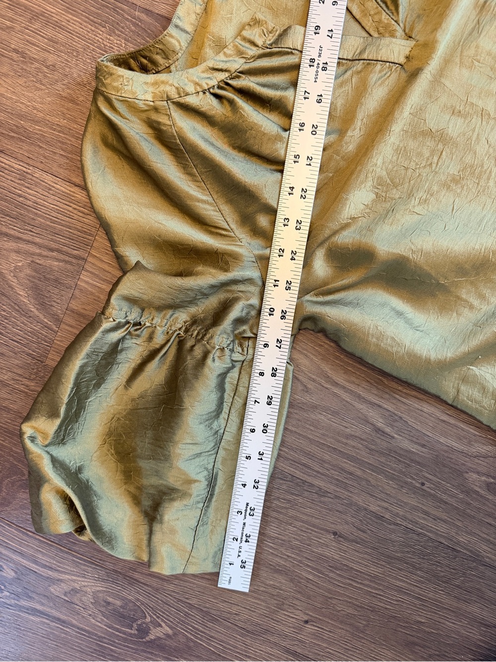 79% Silk! Talbots Shift Dress Small Olive Gold Balloon Sleeve Split Neck Dress - Picture 13 of 14